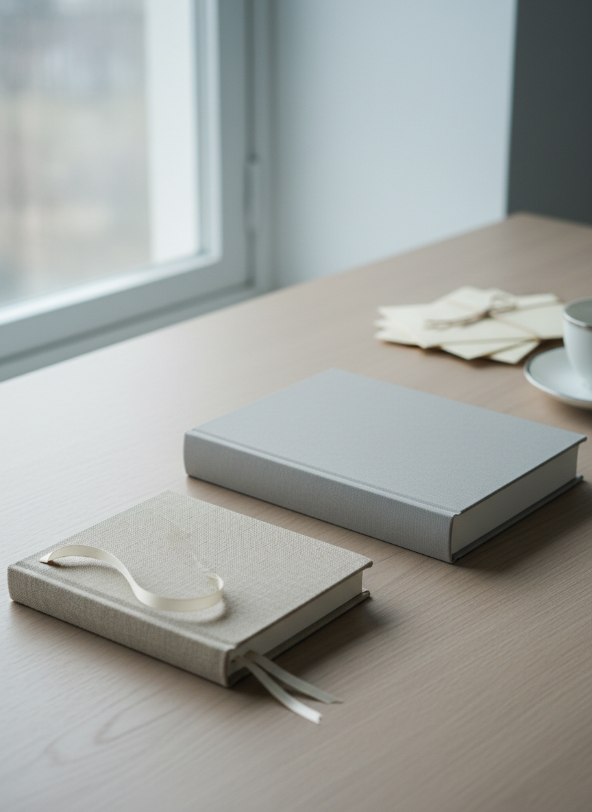 A minimalist writing desk scene featuring a closed linen-covered journal with a silk ribbon bookmark, positioned next to a single, prominently displayed book with a plain, sophisticated cover design in soft dove gray. The desk surface is pale oak, near a window where diffused overcast light creates gentle highlights and subtle, introspective shadows. In the background, slightly out of focus, a small stack of unopened letters and a delicate porcelain teacup suggest unfulfilled dreams and quiet waiting. The photographic image is composed using the rule of thirds, with a serene, hopeful atmosphere that reflects an author pausing between chapters of her own story, trusting in a greater plan.
