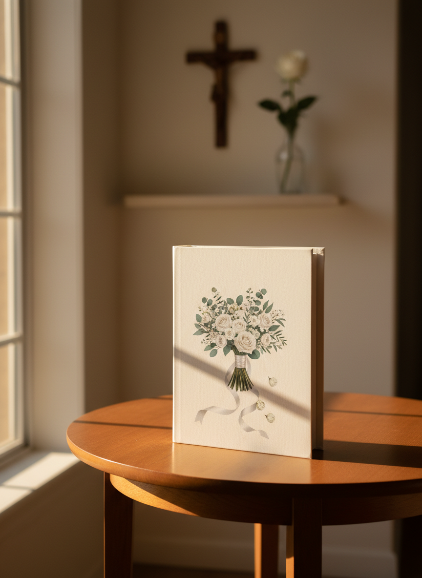 A single hardcover memoir resting slightly open on a small round wooden table, its creamy dust jacket featuring an elegant, text-free design of a bridal bouquet gently slipping from a satin ribbon. The setting is a quiet corner by a large window, where soft golden hour sunlight washes over the book and table, creating long, contemplative shadows. In the blurred background, a simple cross and a vase with a single white rose sit on a shelf, hinting at faith and hope. Photographic realism, eye-level composition, shallow depth of field, with a calm, reflective mood that suggests resilience, redemption, and a life story still being written.